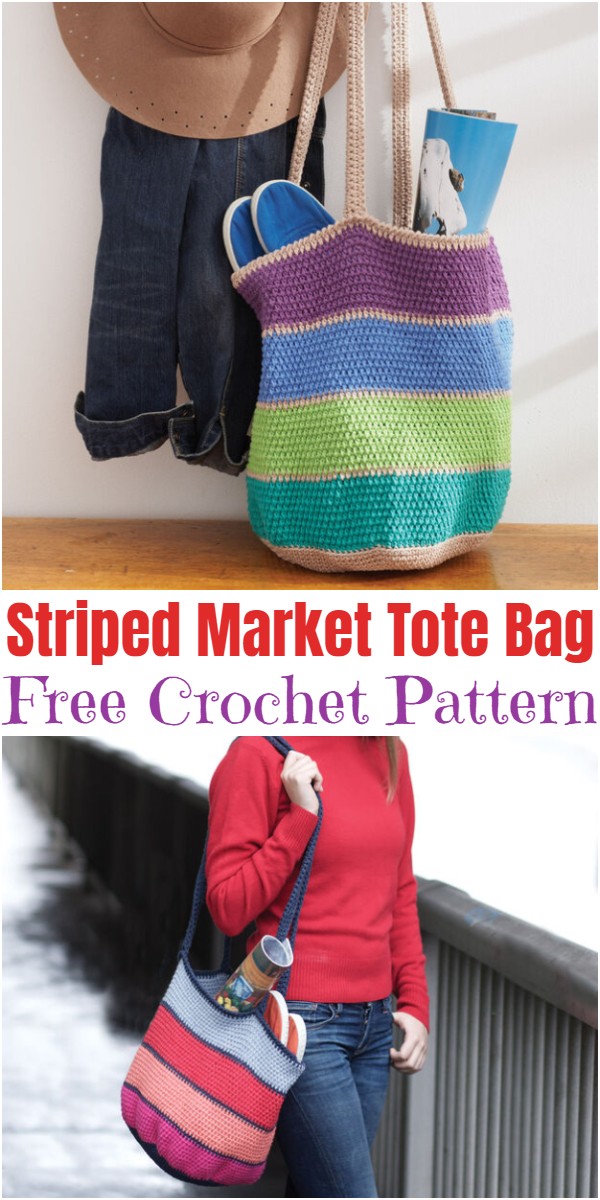 Crochet Striped Market Tote Bag