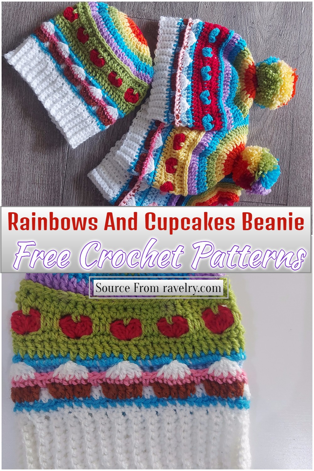 Free Crochet Rainbows And Cupcakes Beanie Pattern
