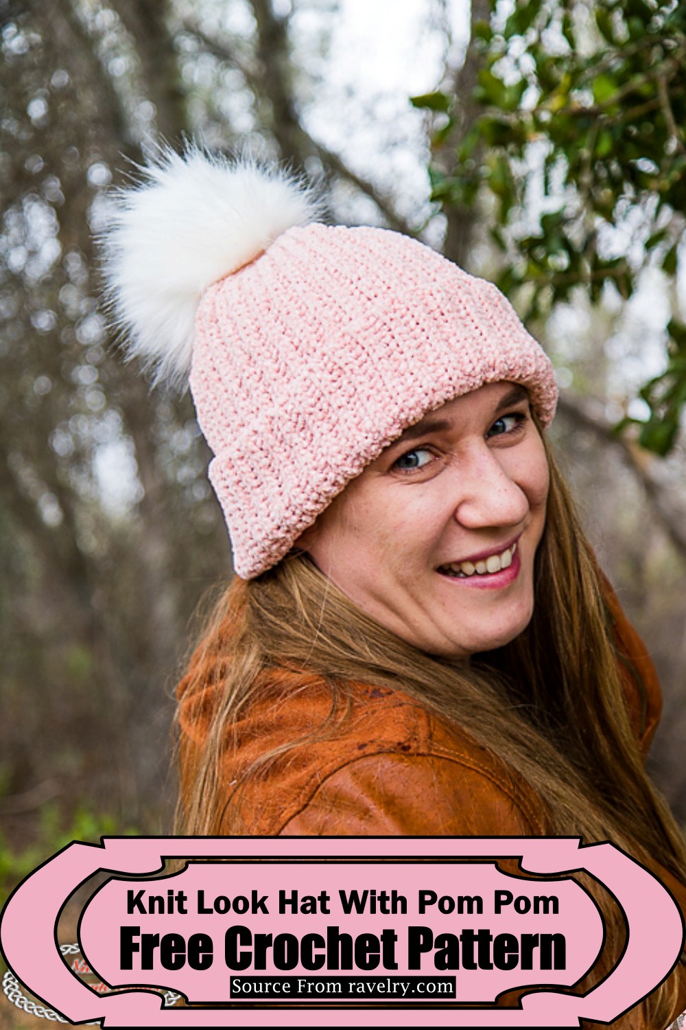 Knit Look Hat With Pom Pom