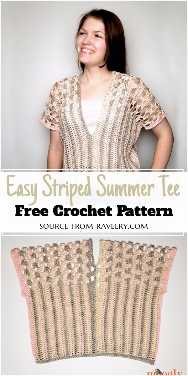 #freecrEasy Striped Crochet Summer Tee Patternochetpattern #crochettee #freecrochettee #crochetteepattern #freecrochetteepattern