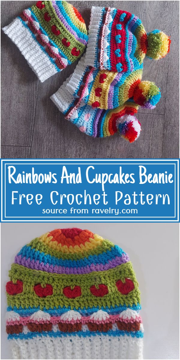 Rainbows And Cupcakes Beanie Crochet Pattern