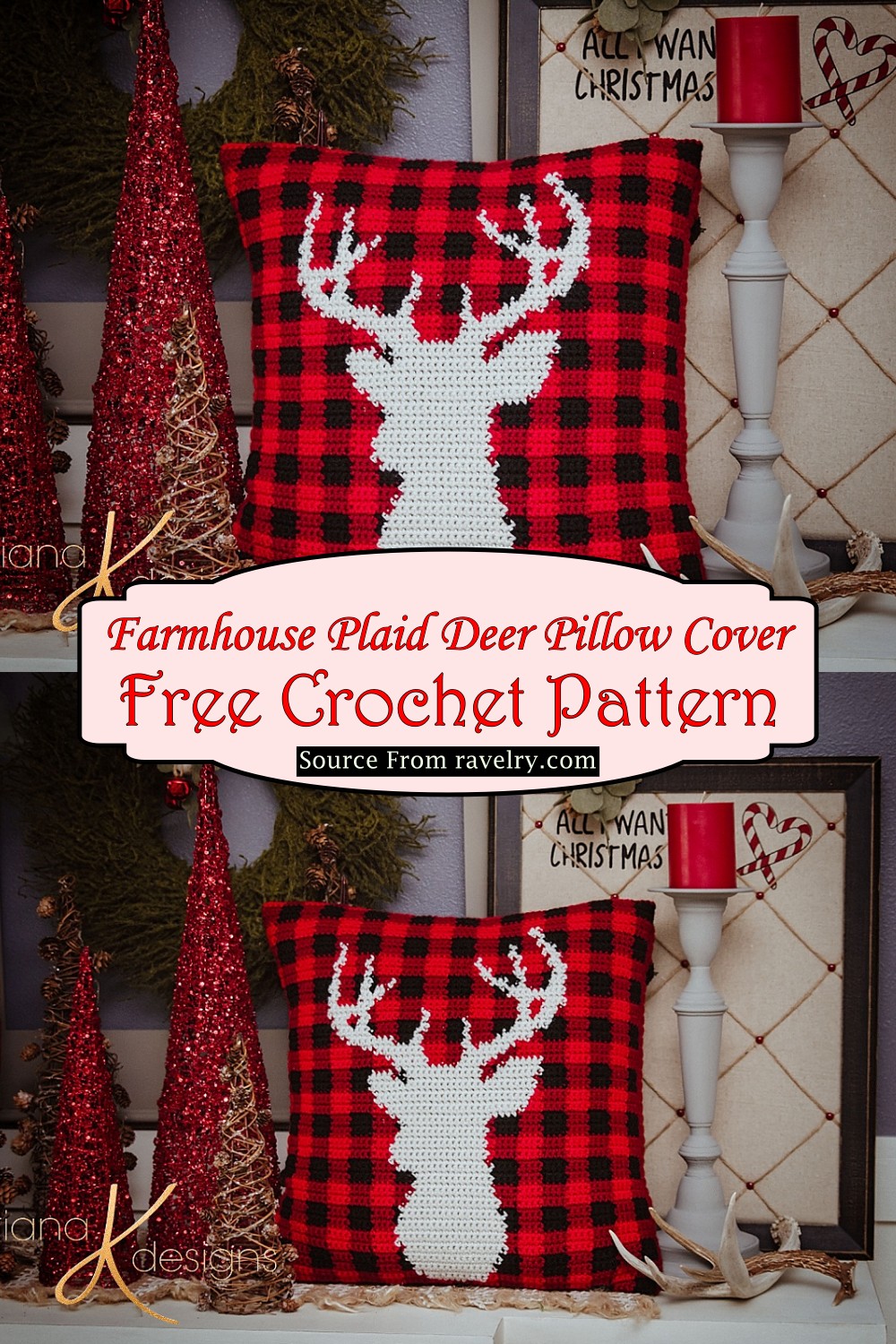 Crochet Farmhouse Plaid Deer Pillow Cover Pattern