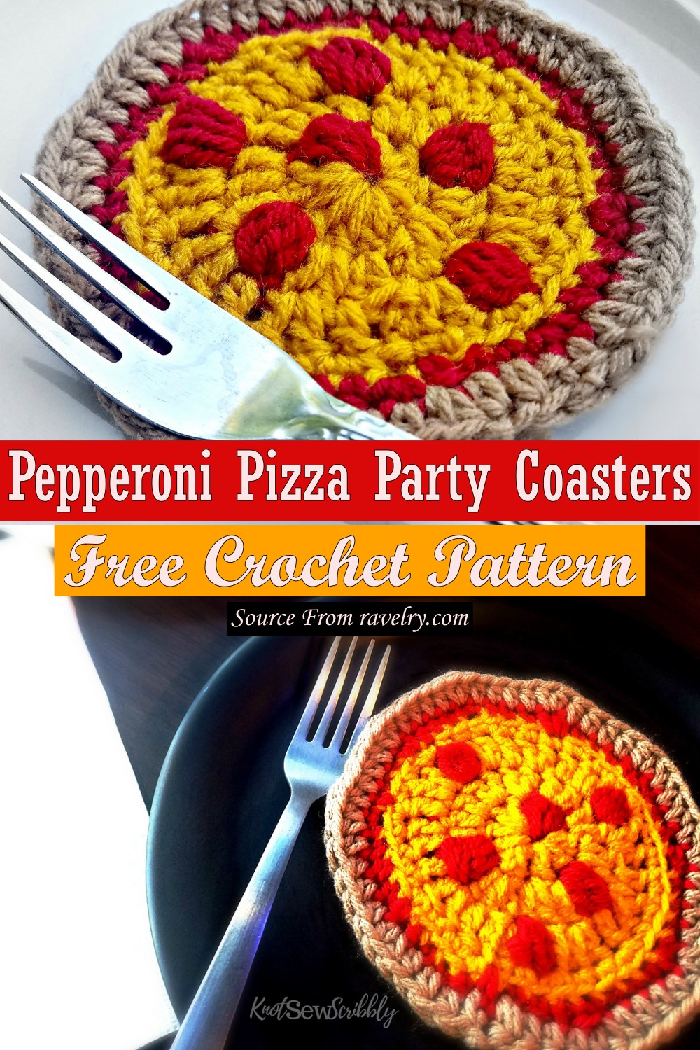 Free Crochet Pepperoni Pizza Party Coasters Pattern