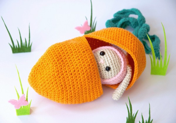 Free Crochet Baby Bunny With Carrot Bed Pattern