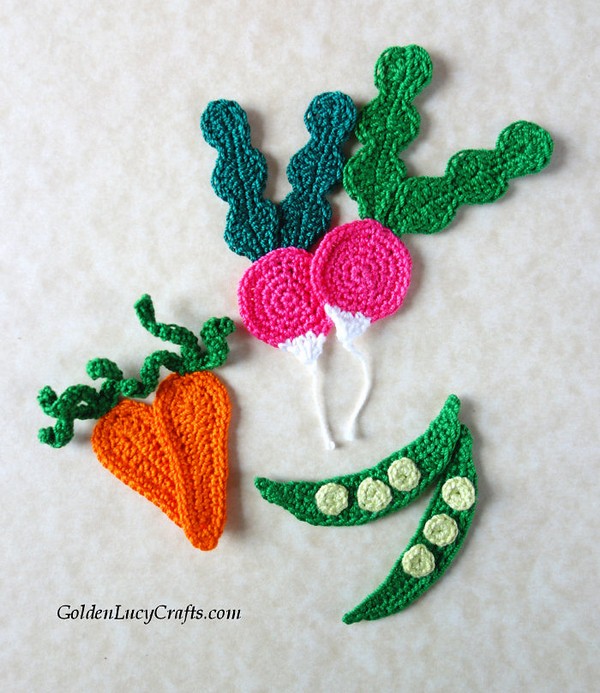 Free Crochet Radish Carrot And Pea Appliques Pattern