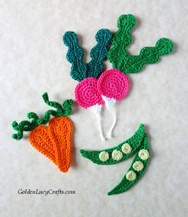 Free Crochet Radish Carrot And Pea Appliques Pattern