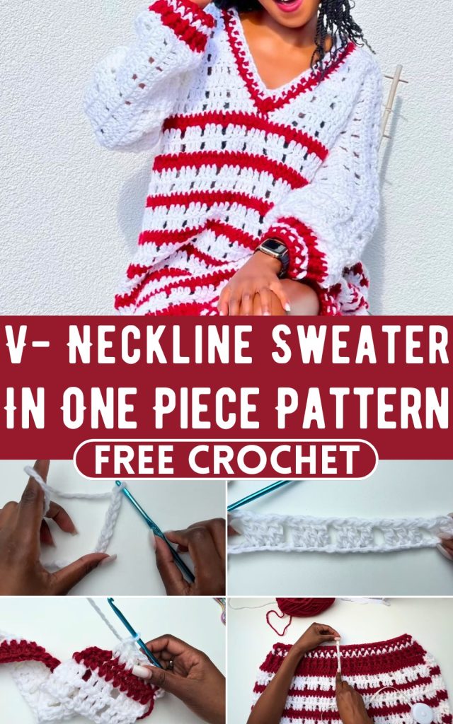 Crochet V- Neckline Sweater In One Piece Pattern